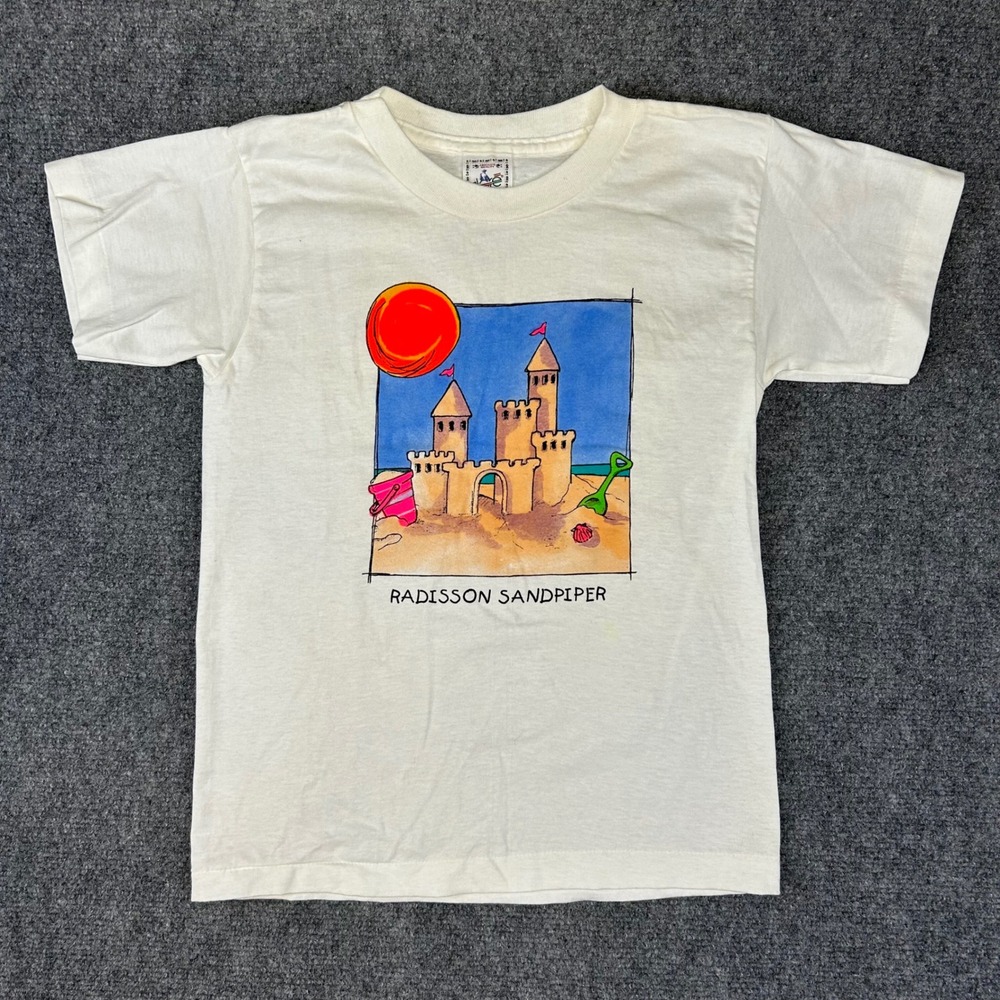 Vintage Alore Radisson Sandpiper Sandcastle Graphic T-Shirt Kids 10-12 White USA